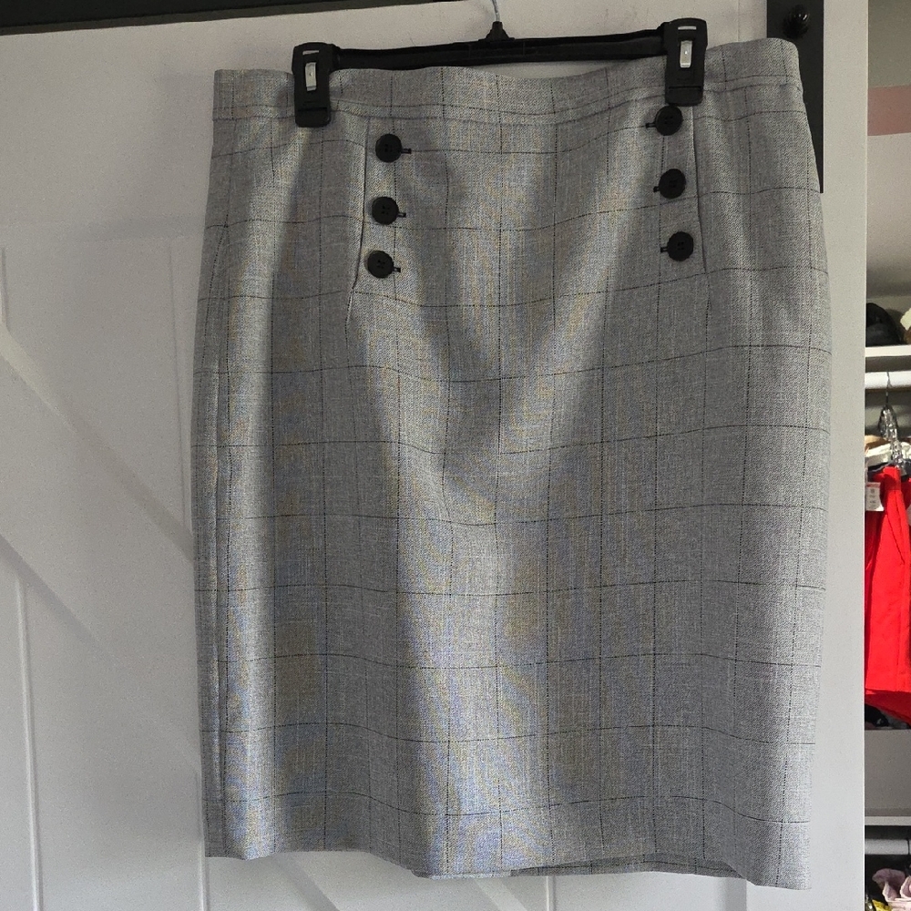 Nine West Gray Windowpane Pencil Skirt with Button Detail